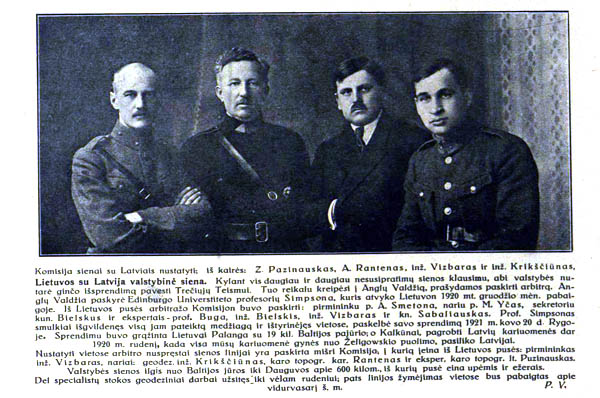 Komisija sienai su Latvija nustatyti. Iš kairės Z.Puziniauskas (Z.Pazinauskas), A.Rantenas, inž. Vizbaras, inž.A.Krikščiūnas.
