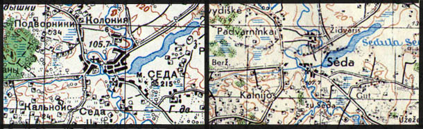Ostland 1:10000 ir RKKA 1:100000 žemėlapių fragmentai Seda